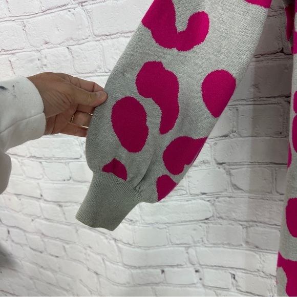 Pink Gray Leopard Print Women's Sweater long length open front cardigan size PXL - Picture 3 of 6
